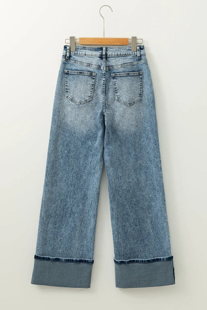 Blue High Rise Button Zip Fly Medium Wash Jeans - Bottoms/Jeans/WideLeg