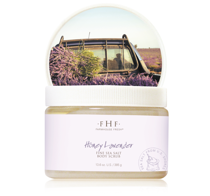 Jar of Honey Lavender Fine Sea Salt Body Scrub | Farmhouse Fresh with a label featuring a vintage truck carrying fresh lavender in a field, highlighting natural skincare and body care.