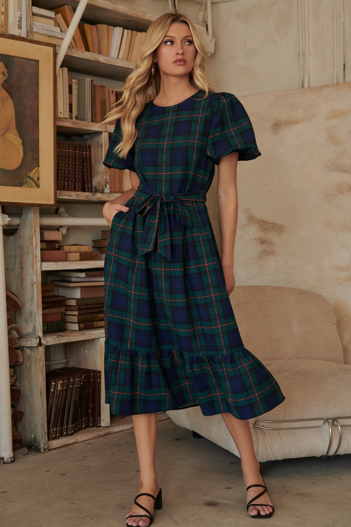 Hudson Plaid Palomino Bubble Sleeve Midi Dress