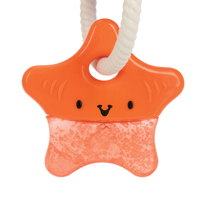 The IcyBite Sea Teether Keys feature an orange star-shaped design with a smiling face, attached to a white textured loop. The semi-transparent bottom contains purICE gel for soothing, cooling relief as a teething toy for babies.