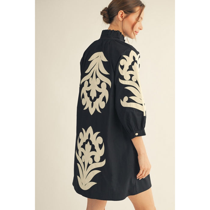 JL - ¾ Sleeve, Baroque Floral Applique Shift Dress 5266 - Black