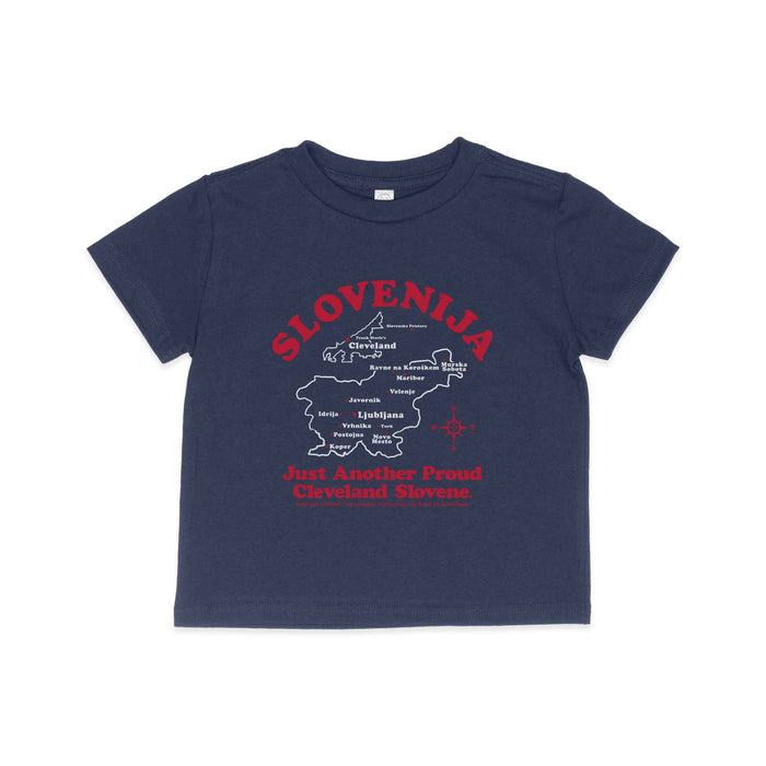Navy blue t-shirt with red and white text and graphics on a white background