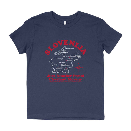 Navy blue t-shirt with red and white text and map design on a white background
