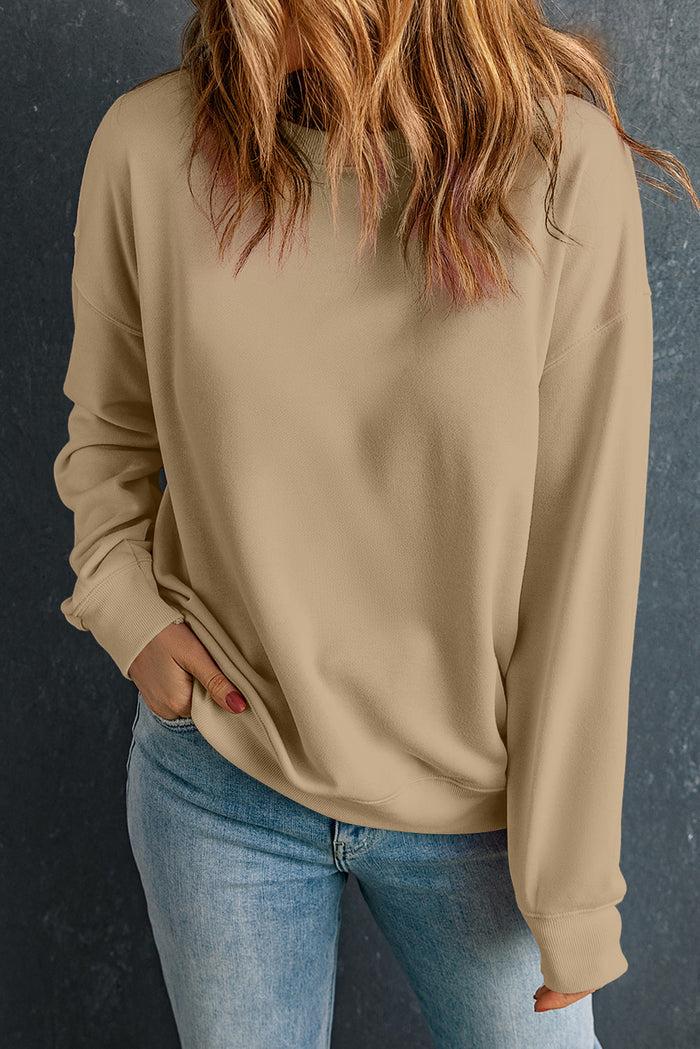 Khaki Solid Classic Crewneck Pullover Sweatshirt - KHAKI / S / 50% POLYESTER + 50% COTTON - Tops/Sweatshirts & Hoodies