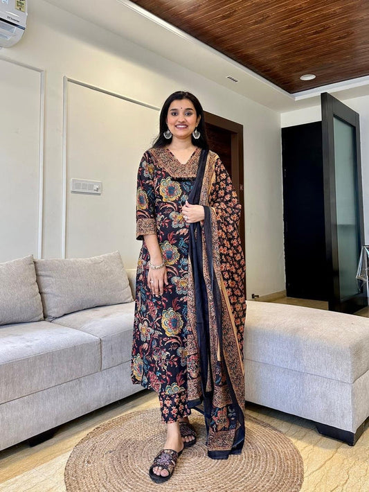 Khwaab Floral Cotton Set- Black