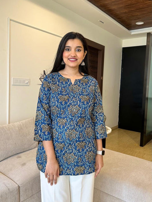 Krishi Short Cotton Top- Blue Jaal