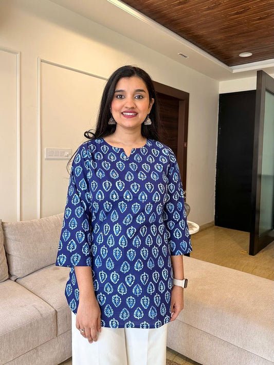Krishi Short Cotton Top- Indigo Boota