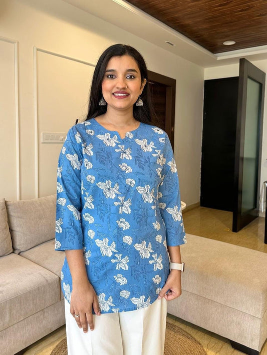 Krishi Short Cotton Top- Light Blue Florals