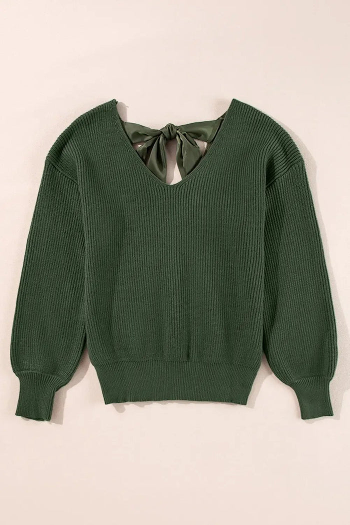 Lantern Sleeve V-Neck Knot Back Sweater - Tops/Sweatshirts & Hoodies