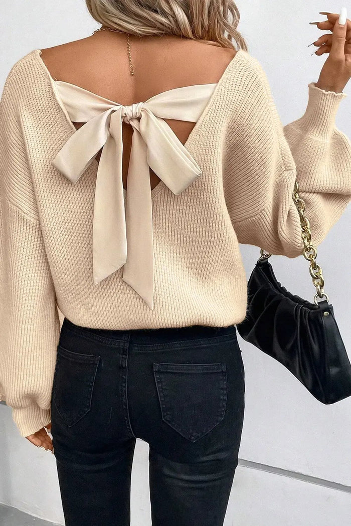 Lantern Sleeve V-Neck Knot Back Sweater - Beige / S - Tops/Sweatshirts & Hoodies