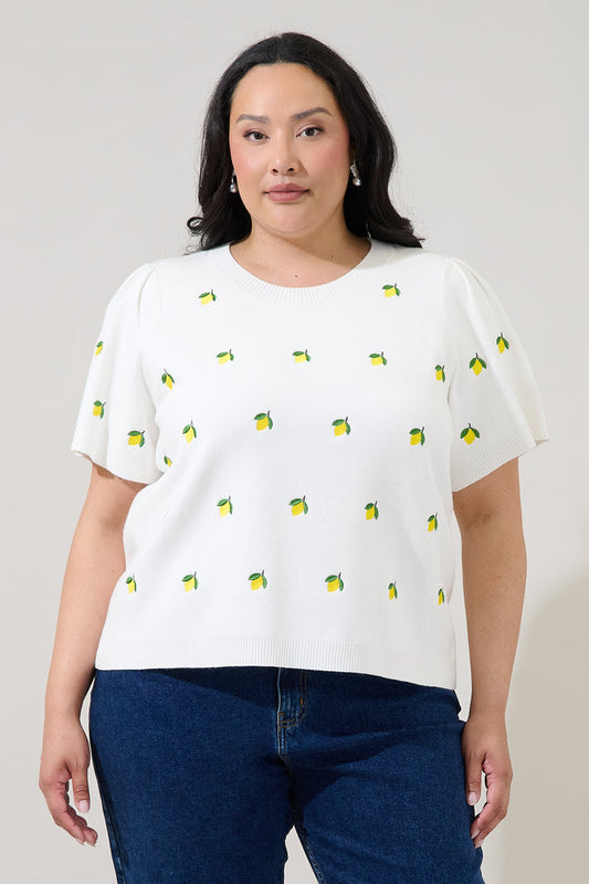 Lemon Embroidered Short Sleeve Sweater Curve