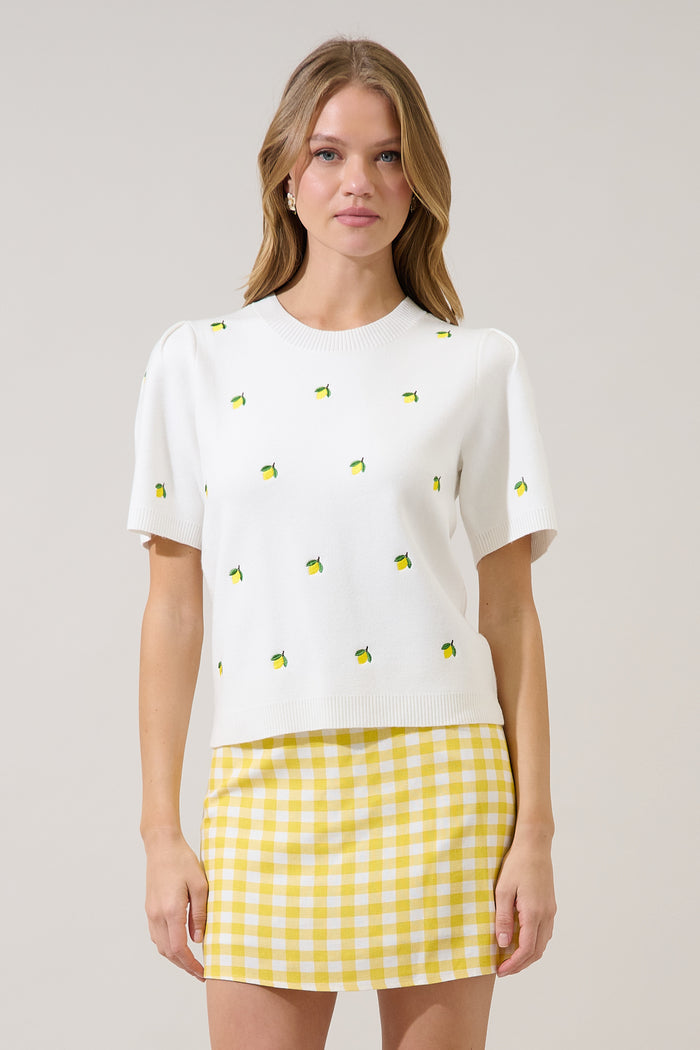 Lemon Embroidered Short Sleeve Sweater