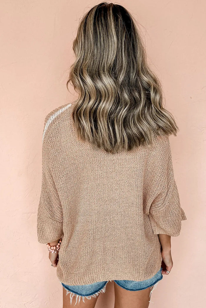 Light French Beige Contrast Striped 3/4 Sleeve Crew Neck Sweater - Sweaters & Cardigans/Sweaters