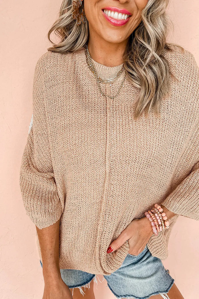 Light French Beige Contrast Striped 3/4 Sleeve Crew Neck Sweater - Sweaters & Cardigans/Sweaters