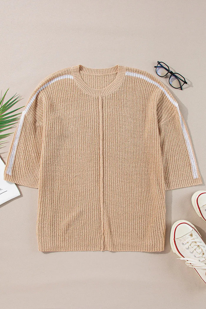 Light French Beige Contrast Striped 3/4 Sleeve Crew Neck Sweater - Sweaters & Cardigans/Sweaters