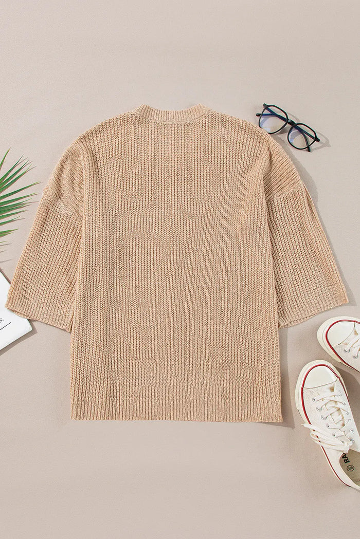 Light French Beige Contrast Striped 3/4 Sleeve Crew Neck Sweater - Sweaters & Cardigans/Sweaters