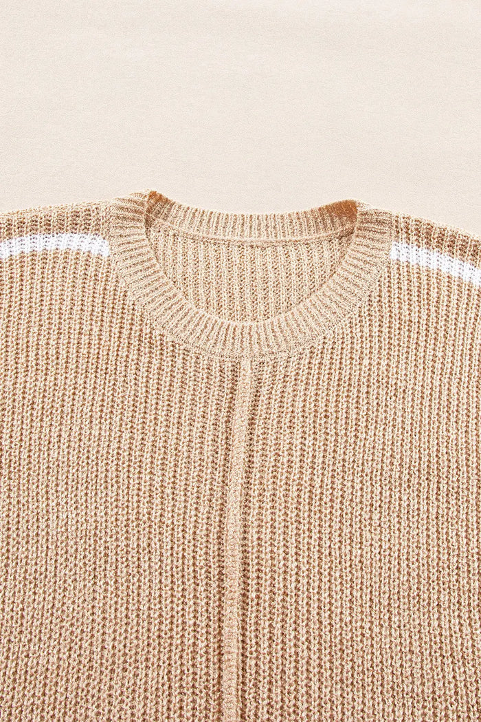 Light French Beige Contrast Striped 3/4 Sleeve Crew Neck Sweater - Sweaters & Cardigans/Sweaters