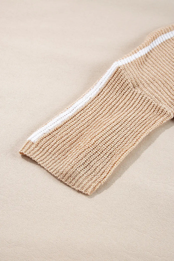 Light French Beige Contrast Striped 3/4 Sleeve Crew Neck Sweater - Sweaters & Cardigans/Sweaters