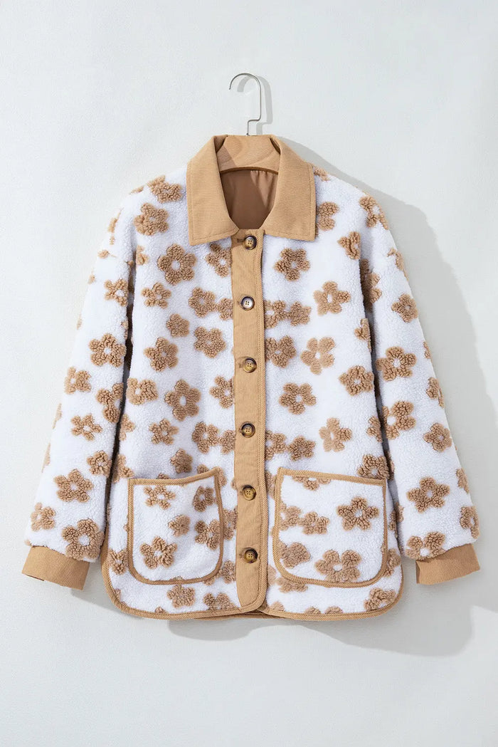 Light French Beige Cute Flower Pattern Button Up Fleece Jacket - Outerwear/Jackets