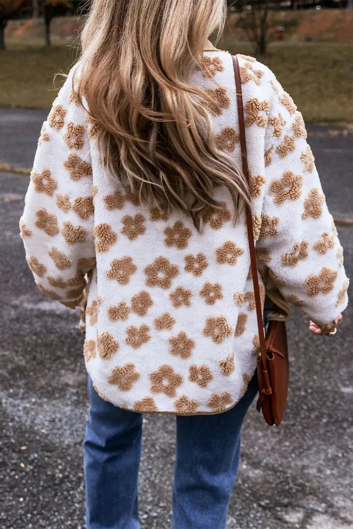 Light French Beige Cute Flower Pattern Button Up Fleece Jacket - Outerwear/Jackets