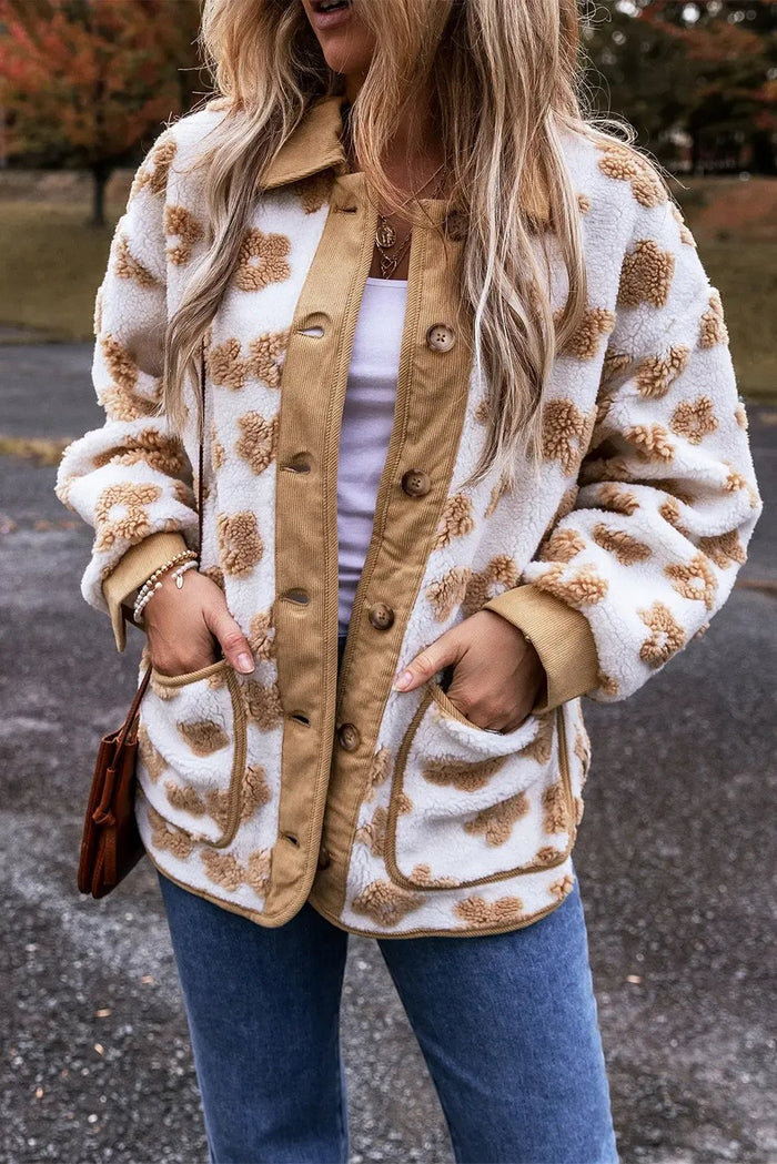 Light French Beige Cute Flower Pattern Button Up Fleece Jacket - Outerwear/Jackets