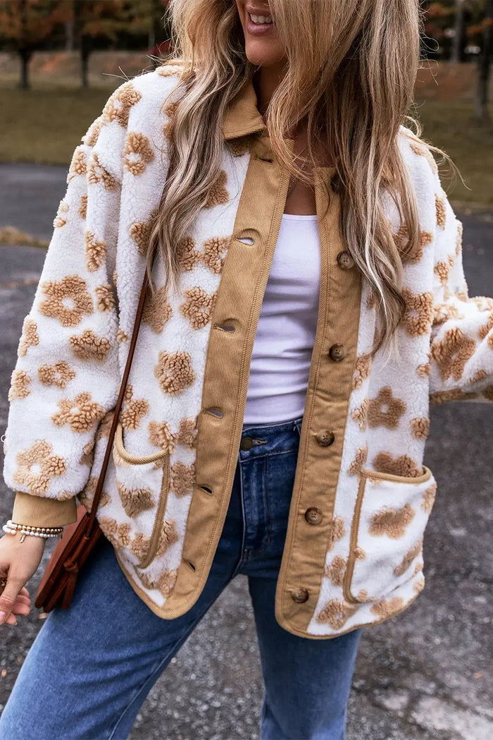 Light French Beige Cute Flower Pattern Button Up Fleece Jacket - Outerwear/Jackets