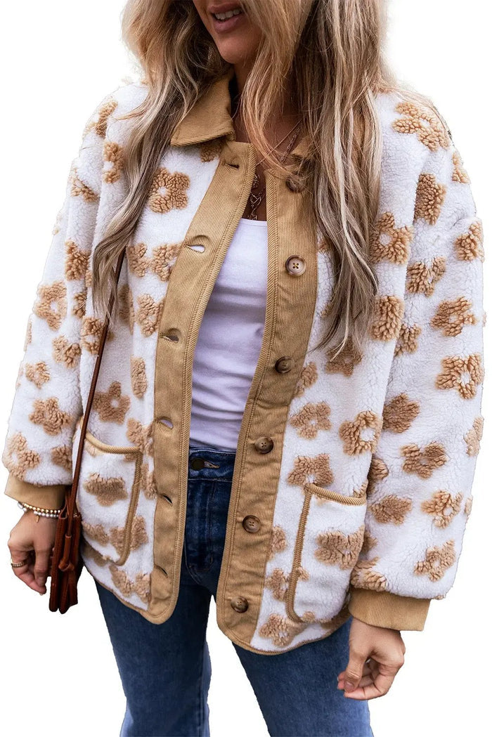 Light French Beige Cute Flower Pattern Button Up Fleece Jacket - Outerwear/Jackets