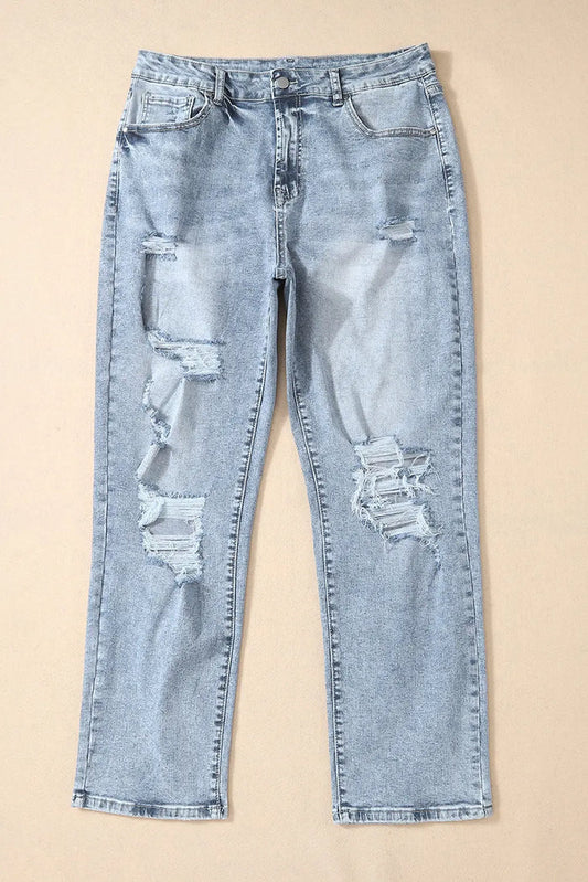 Sky Blue Light Wash Frayed Slim Fit High Waist Jeans - Bottoms/Jeans