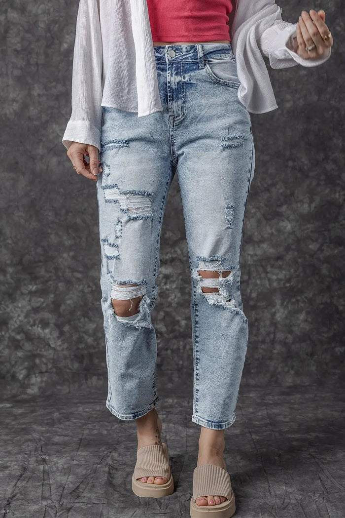Sky Blue Light Wash Frayed Slim Fit High Waist Jeans - SKY BLUE / 6 / 93% COTTON + 5% POLYESTER + 2% ELASTANE