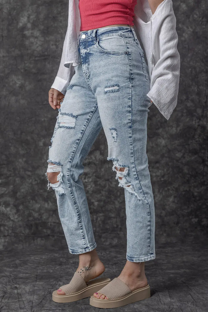 Sky Blue Light Wash Frayed Slim Fit High Waist Jeans - Bottoms/Jeans