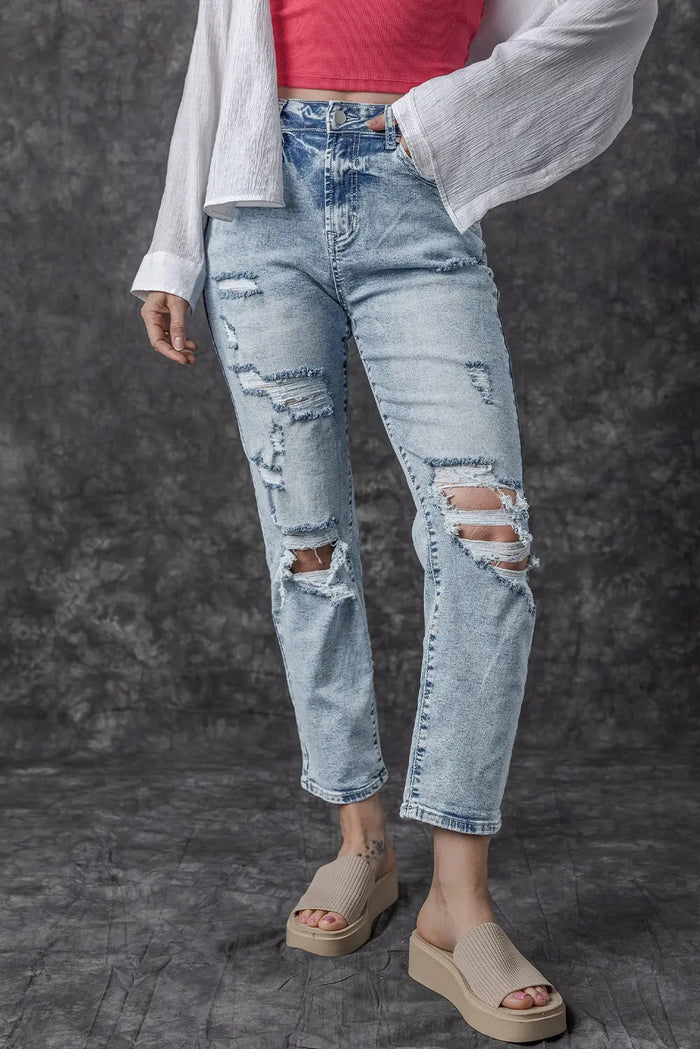 Sky Blue Light Wash Frayed Slim Fit High Waist Jeans - Bottoms/Jeans