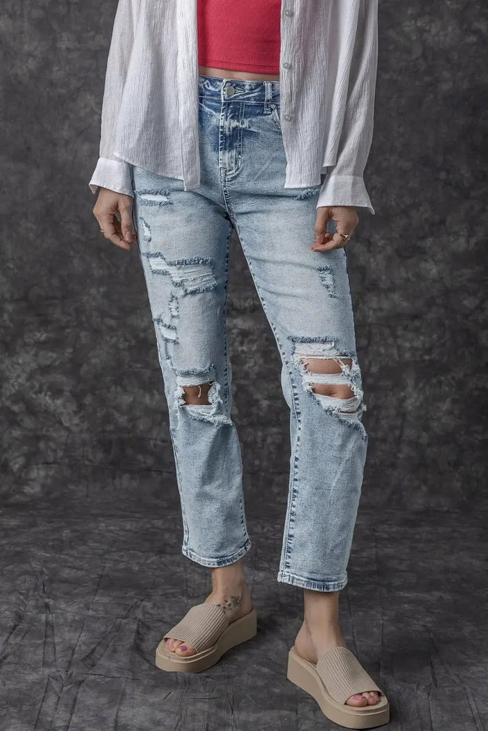 Sky Blue Light Wash Frayed Slim Fit High Waist Jeans - Bottoms/Jeans