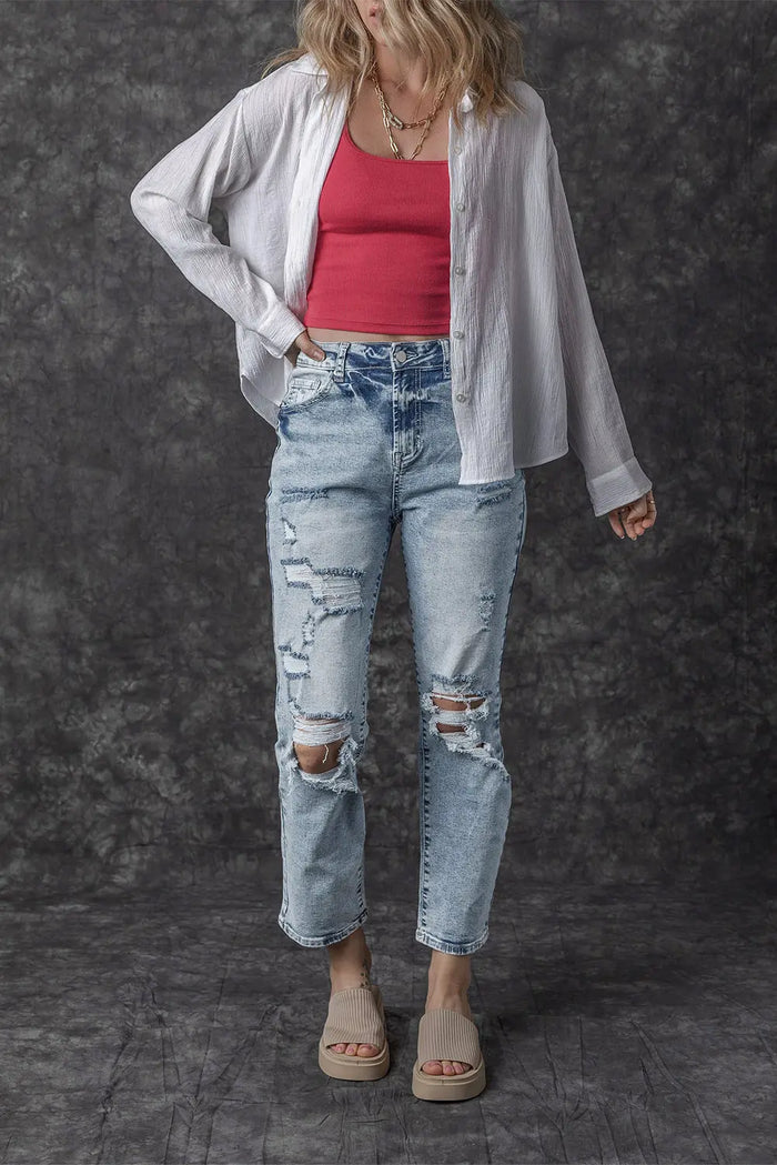Sky Blue Light Wash Frayed Slim Fit High Waist Jeans - Bottoms/Jeans