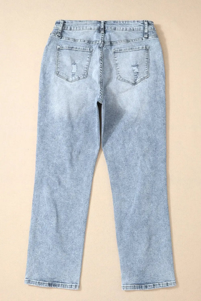 Sky Blue Light Wash Frayed Slim Fit High Waist Jeans - Bottoms/Jeans