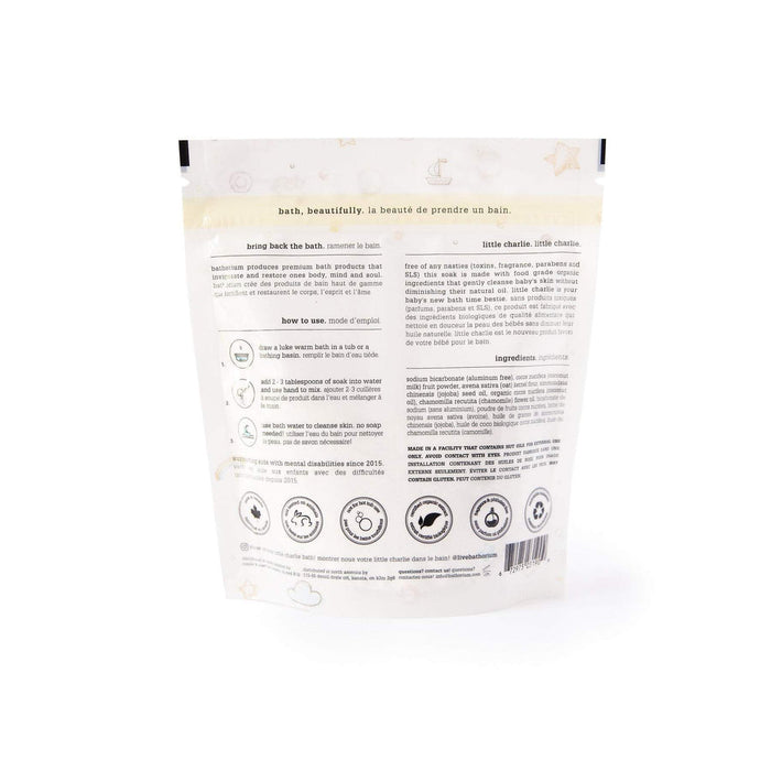 Back view of little charlie™ Kids Bath Soak 250g | Bathorium packaging showing usage instructions, ingredients, and product information for gentle kids skincare and bath wellness.