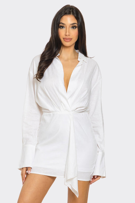 Long Sleeve stretch Linen Mini Shirt Dress