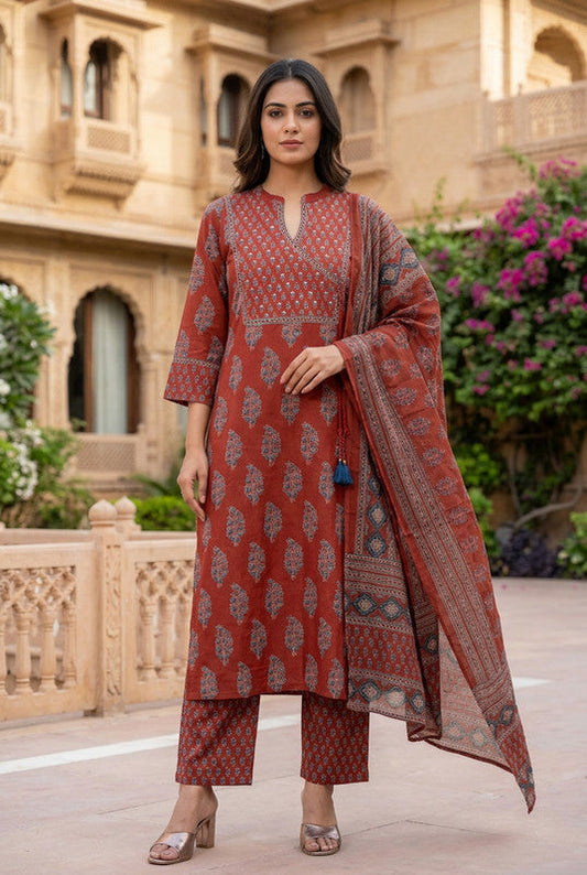 Maroon Traditional Occasionwear Printed Cotton Kurta Set with Dupatta