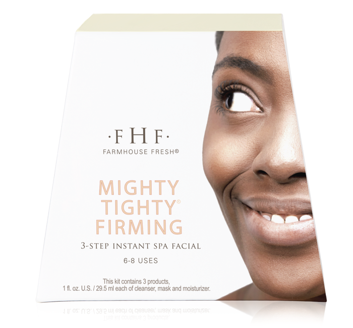 Packaging of Mighty Tighty® Firming 3-step Instant Spa Facial | Farmhouse Fresh showing product name and a smiling woman’s face, emphasizing skincare and wellness.