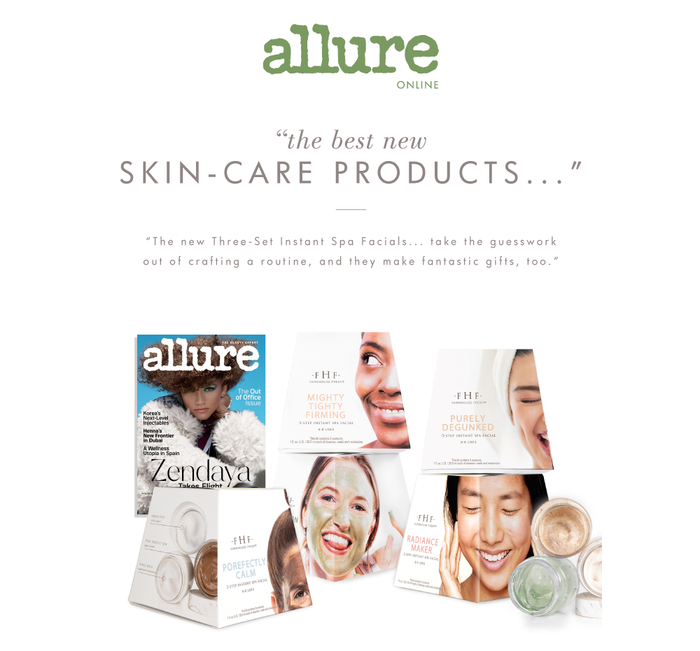 Allure magazine endorsement featuring the Mighty Tighty® Firming 3-step Instant Spa Facial | Farmhouse Fresh alongside other skincare sets, highlighting instant spa facial benefits.
