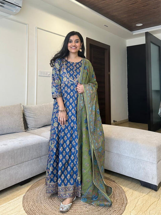 Mughal Anarkali Silk Dress- Electric Blue