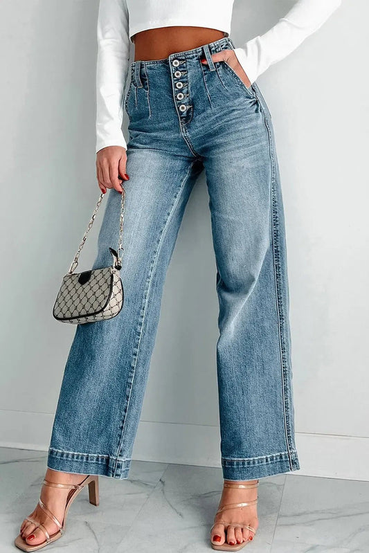 Dusk Blue Multi Buttons Medium Wash Straight Loose Leg Jeans - DUSK BLUE / 6 / 75% COTTON + 23% POLYESTER + 2% ELASTANE