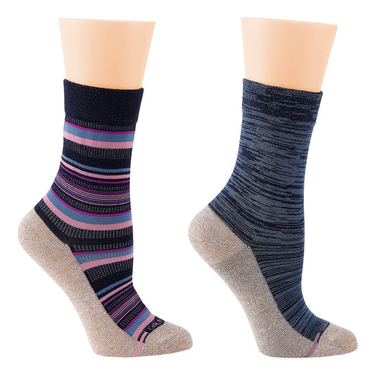 Two pairs of women's diabetic socks, one with multi-colored stripes and the other in a solid dark blue pattern.