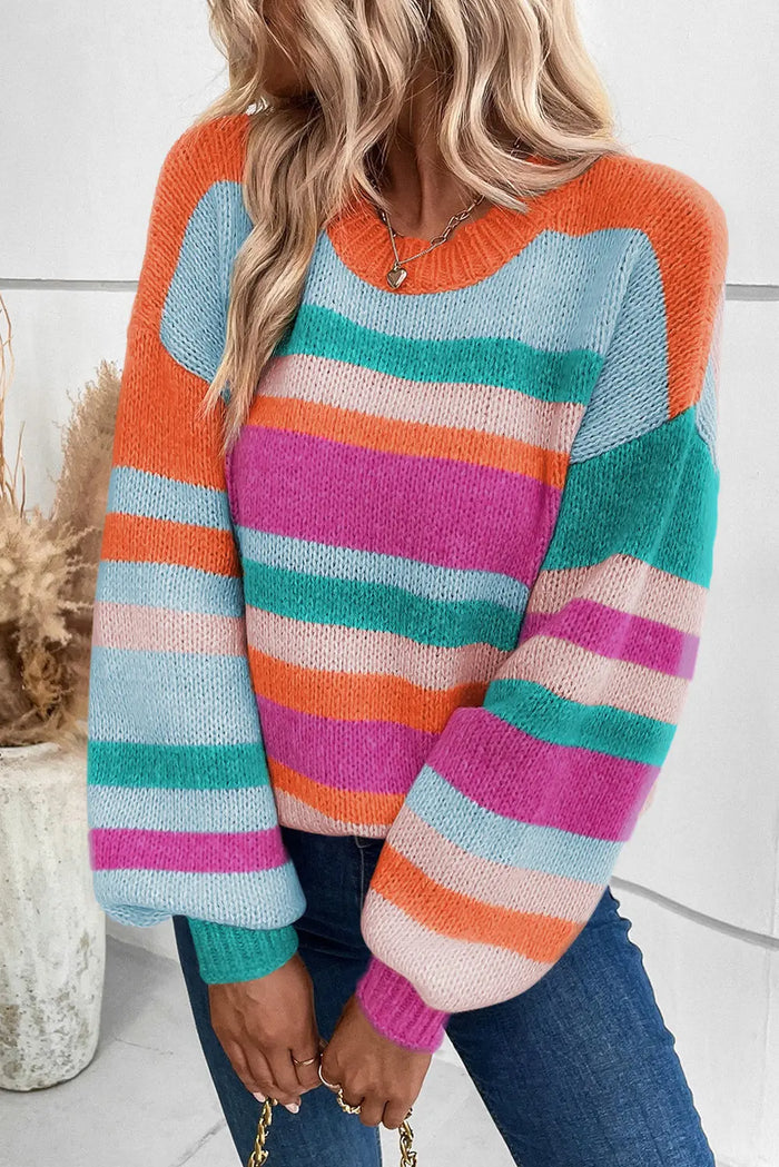 MultiColour Striped Knit Drop Shoulder Puff Sleeve Sweater - S / 60% Acrylic + 40% Polyamide - Sweaters &