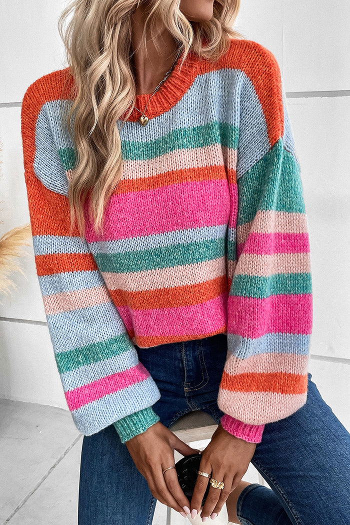 MultiColour Striped Knit Drop Shoulder Puff Sleeve Sweater - Sweaters & Cardigans/Sweaters