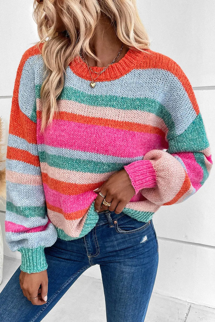 MultiColour Striped Knit Drop Shoulder Puff Sleeve Sweater - Sweaters & Cardigans/Sweaters