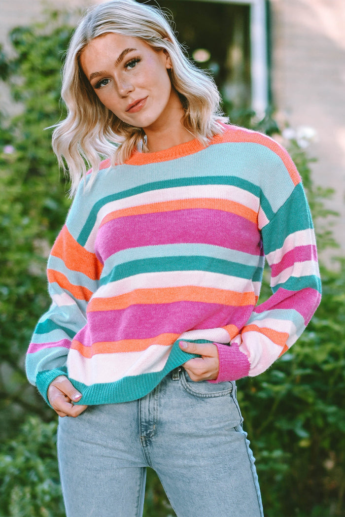 MultiColour Striped Knit Drop Shoulder Puff Sleeve Sweater - Sweaters & Cardigans/Sweaters