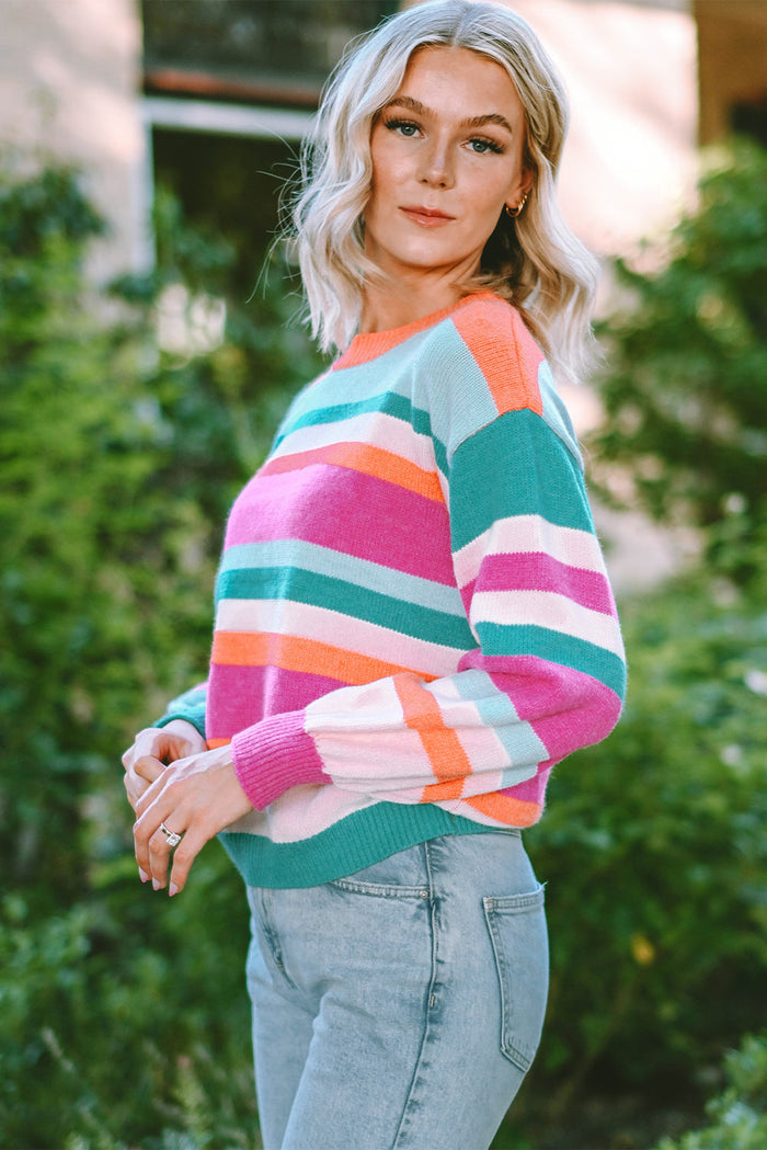 MultiColour Striped Knit Drop Shoulder Puff Sleeve Sweater - Sweaters & Cardigans/Sweaters