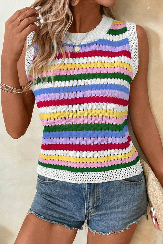Multicolour Striped Knitted Eyelet Slim Sweater Vest - S / 55% Acrylic + 45% Cotton - Tops/Tank Tops