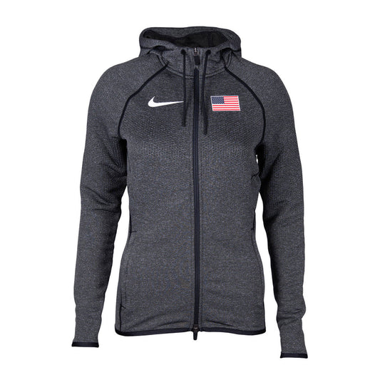 Nike Team USA women's black heather hooded jacket with raglan sleeves and Swoosh branding, featuring a front zipper and side pockets.