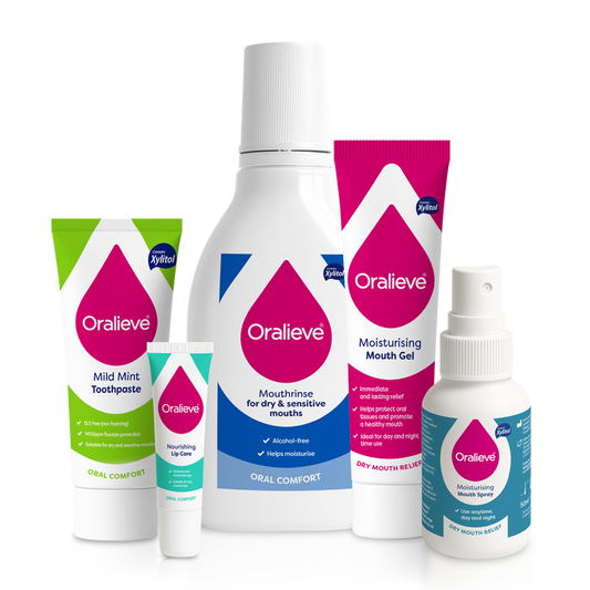 Collection of Oralieve dental products including toothpaste, mouthwash, and mouth gel on a white background.